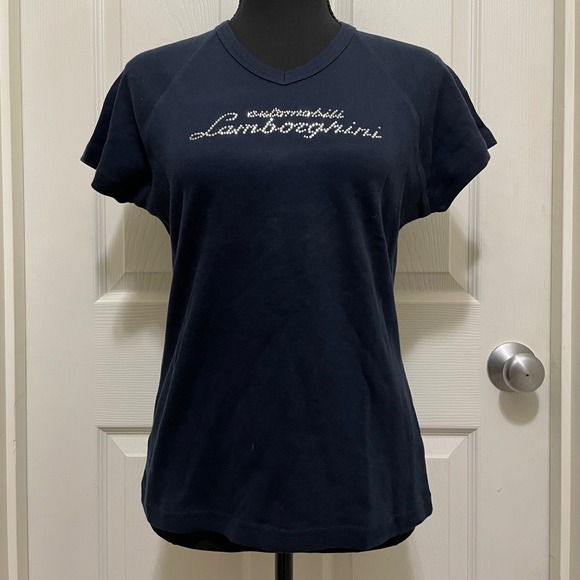 NEW Automobili Lamborghini‎ T-Shirt Rhinestone Logo V-Neck Top Large NWT McBling